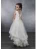 Pearl Neck Ivory Satin Tulle Lace Trim Tiered High Low Flower Girl Dress Pearl Neck Ivory Satin Tulle Lace Trim Tiered High Low Flower Girl Dress